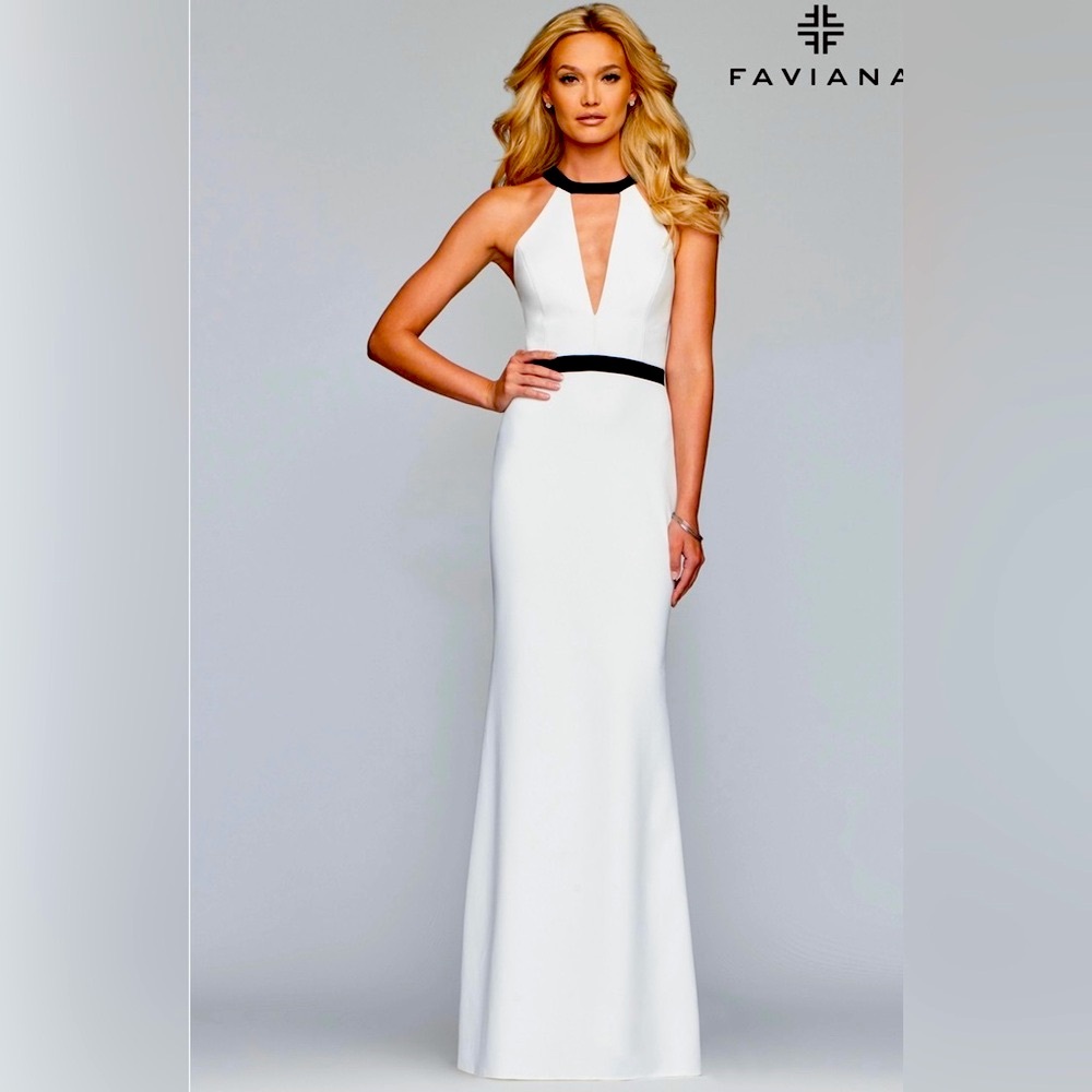 NWT Faviana White Black Halter Prom Gown Backless Formal Dress Size 8